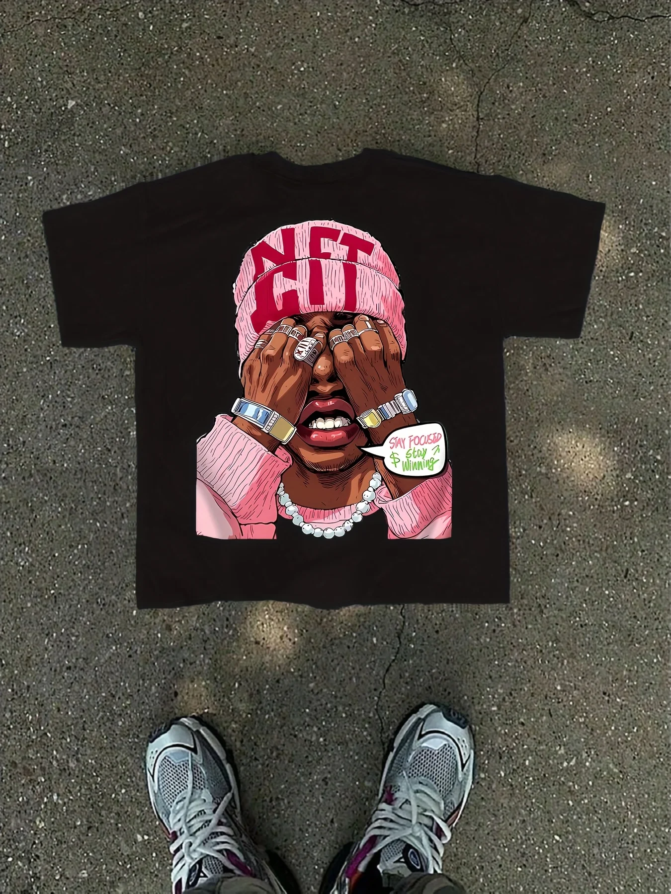 

Мужская футболка с узором, застежка на глаза и розовой шляпой, черная повседневная одежда для концертной вечеринки, летняя футболка большого размера в уличном стиле