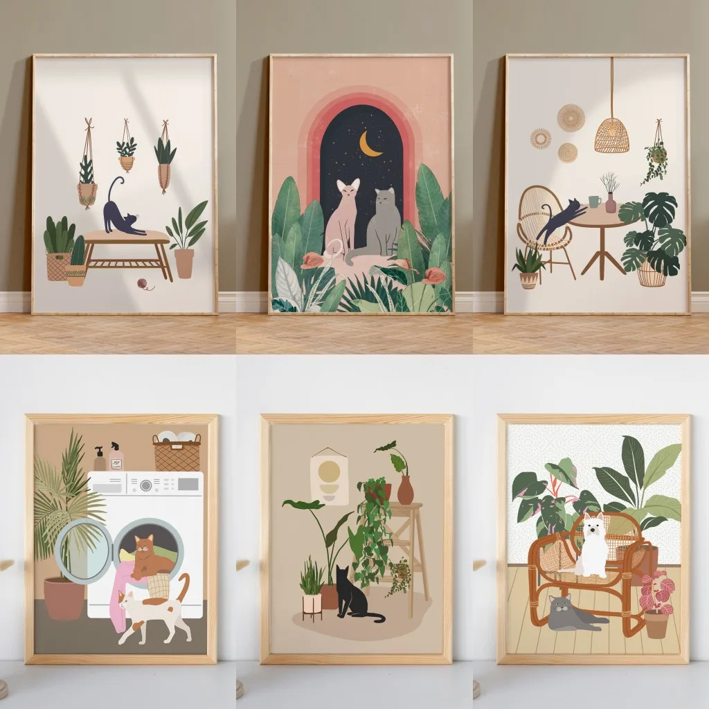 Watercolor Botanical Animal Poster Wall Art Boho Plant and Cat Artwork Cute Kitty Canvas Painting Home Decor Pet Lover Gift