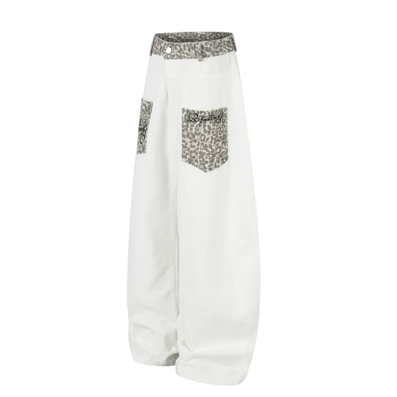 ANJY Spring Autumn New Women Patchwork Color-Block Pockets Trend Wide Leg Casual Pants Ins Design Embroider Loose Bottoms A24107