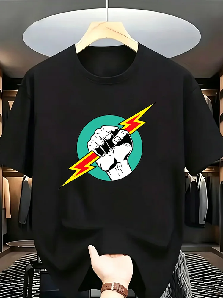 Men Fist Lightning Bolt Graphic T-Shirt Vintage Power Clenched Fist Print Tees Casual Short Sleeve Streetwear Cotton Tops wx320
