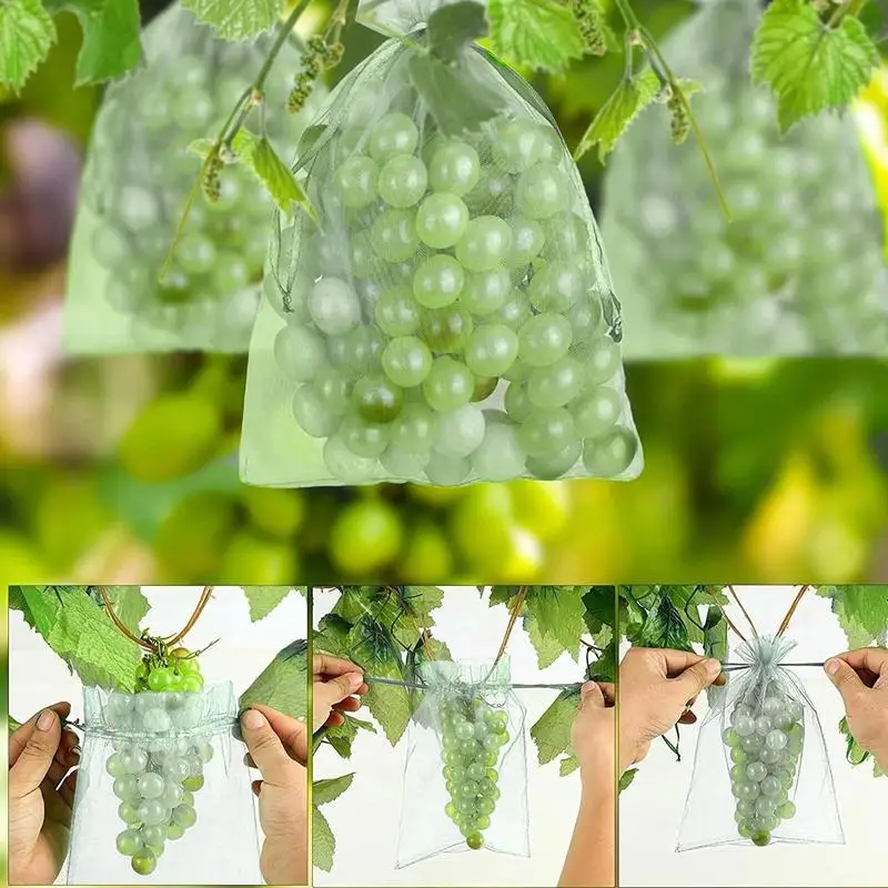 

100pcs Fruit Netting Bags Fruit Protection Bags With Drawstring Reusable Grape Grow Bags Garden Mesh Bags For Fruits Vegetables