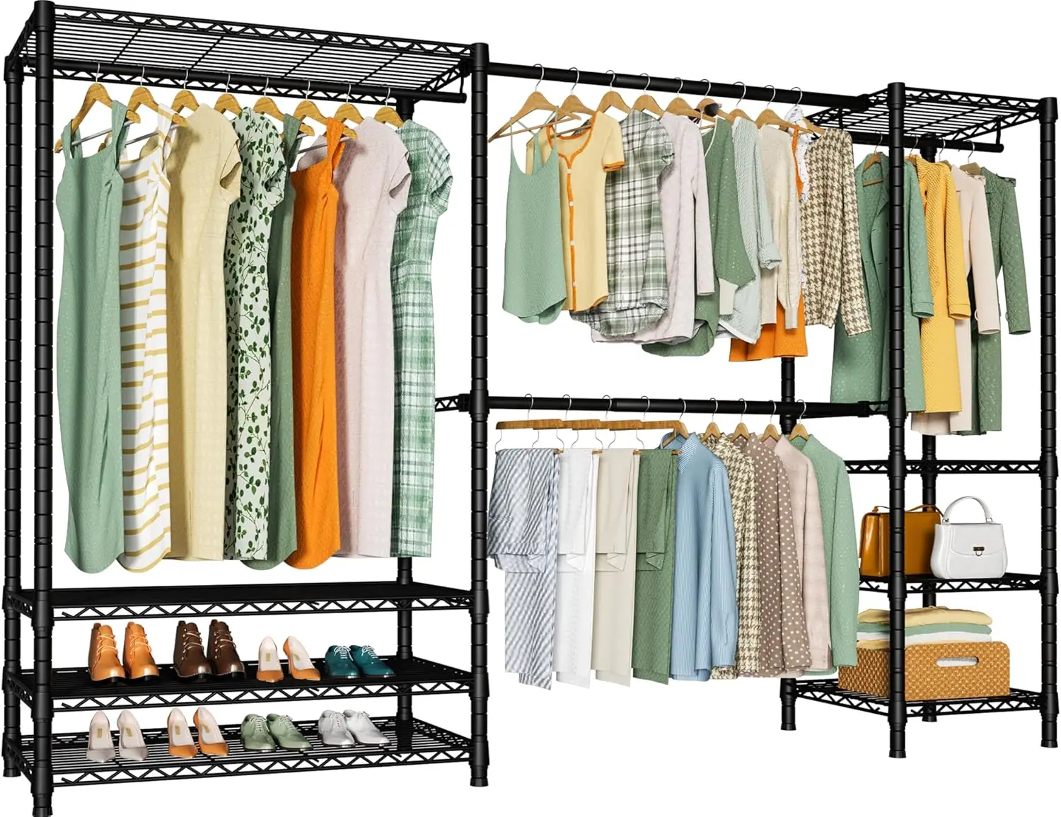 

E11 Heavy-Duty Garment Ra, Metal Freestanding Clothes Ra And Closet Storage Organizer System With 8 Shelves And 4 Hanger Rods,
