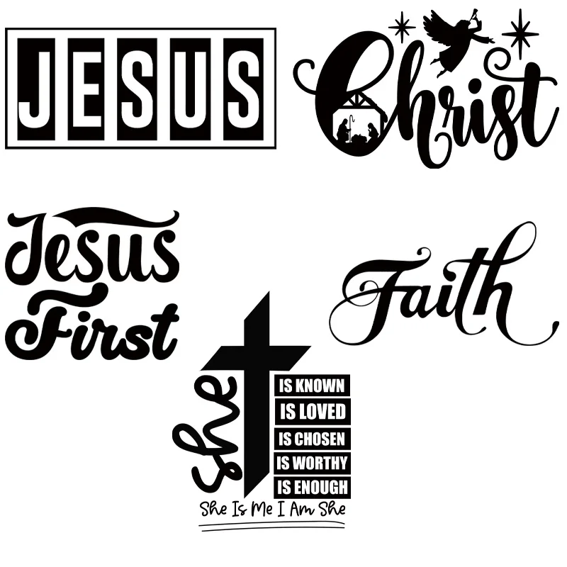 5 pezzi esclusivo Black Letter Jesus Stickers Plastisol Iron On DTF Transfers Stickers pronto per la stampa per abbigliamento abbigliamento