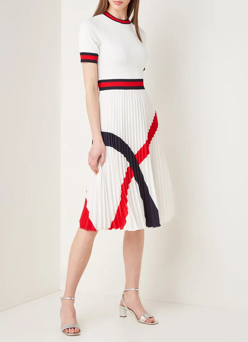UK Classcial White Knitted Paneled Waist Pleated Shift Midi Dress | Size 0-5 |