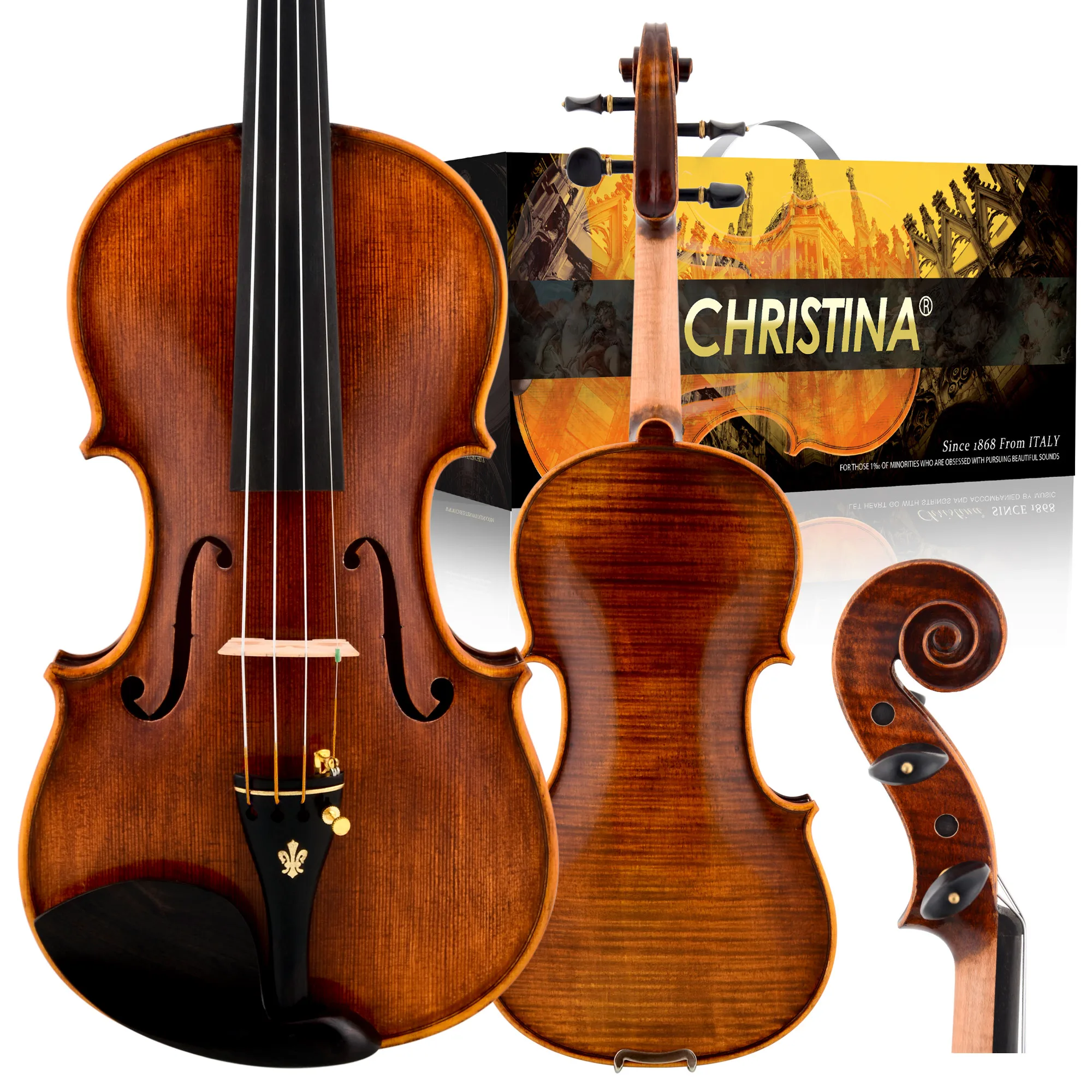 CHRISTINA Handmade Violin V08B Dark Antique Style European Spruce Fine-grained Flame Maple Available in 4/4-1/8 Sizes with Case
