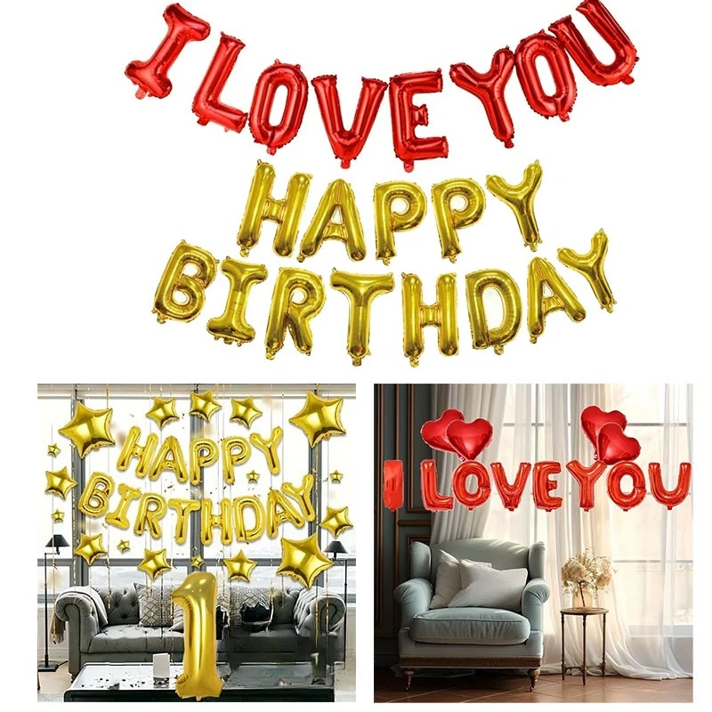

16in Foil Balloons Set: Birthday Anniversary I Love You Marry Me Party Decorations Aluminum Film Background Supplies