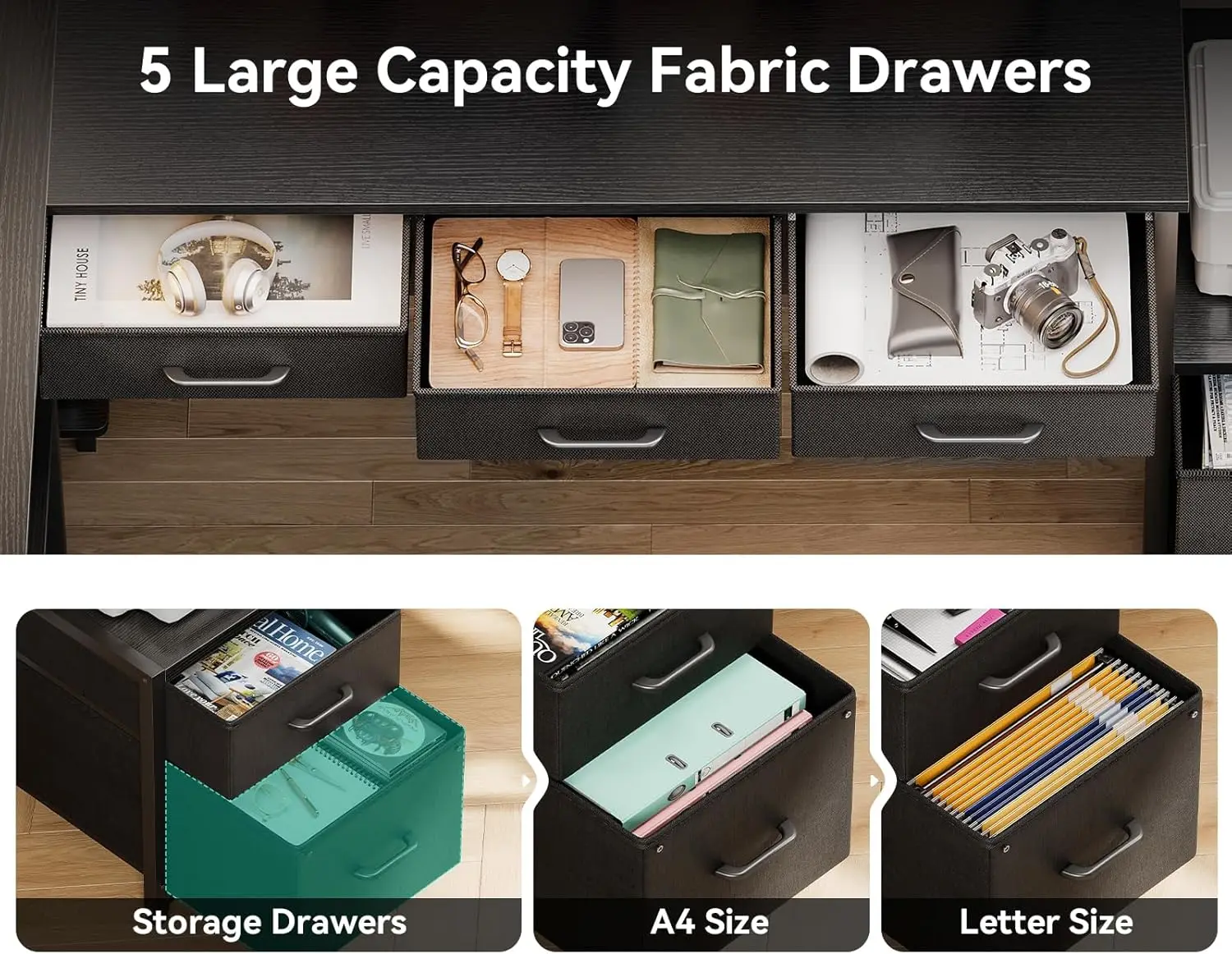 79' L型ゲーミングデスク、引き出し5つ、LEDライト、コンセント2つ付き、ブラック