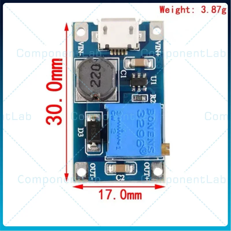 50-100pcs MT3608 DC-DC Step-Up Module 2A Step-Up Board Input Voltage: 2-24V Output Voltage: 5/9/12/28V (Adjustable)