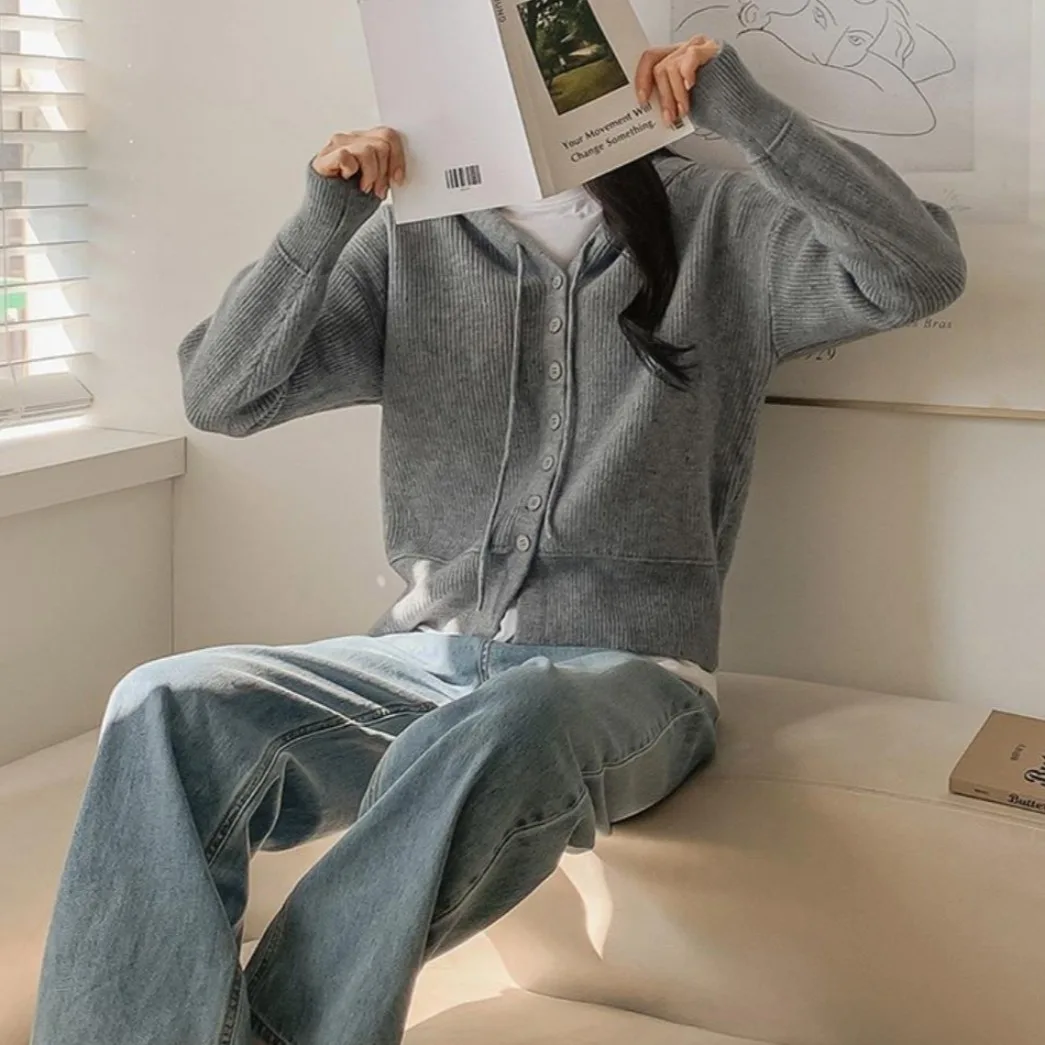 

Women's Loose Fit Chic Lazy Sle Single Button Hoodie Knitted Sweater Autumn Winter Faion Versatile Long Sve Top