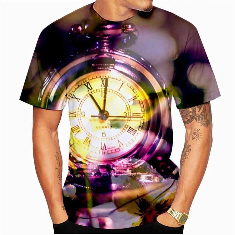 Retro Unique Clocks Design T Shirt Men's Clothing Short Sleeve O-neck T Shirts 3D Printed Cool Personality Fashion Trend Tee Top