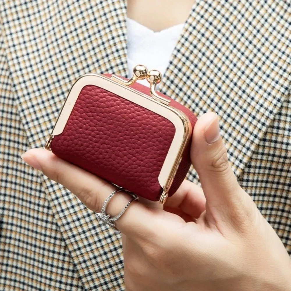 Genuine Leather Kiss Lock Coin Purse Solid Color Multifunctional Leather Jewelry Bag Square Mini Small Item Bag Woman Girl