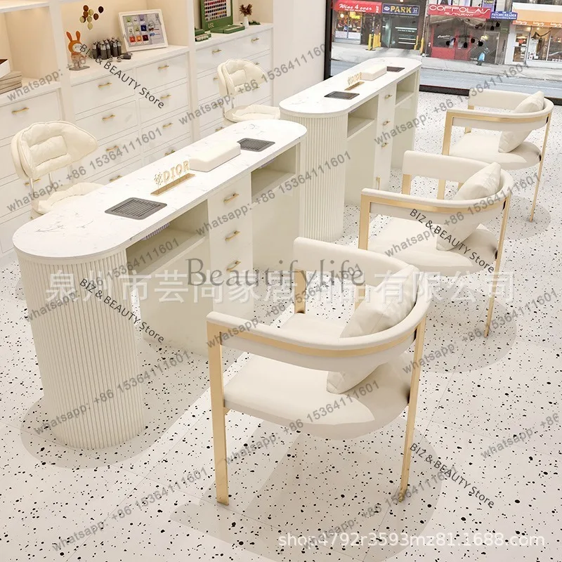 FG Light Luxury Cream Style Nail Tables Two People with Rock Plate Set Nail Tables Vacuum Cleaner Salon Furniture Tavolo JTN