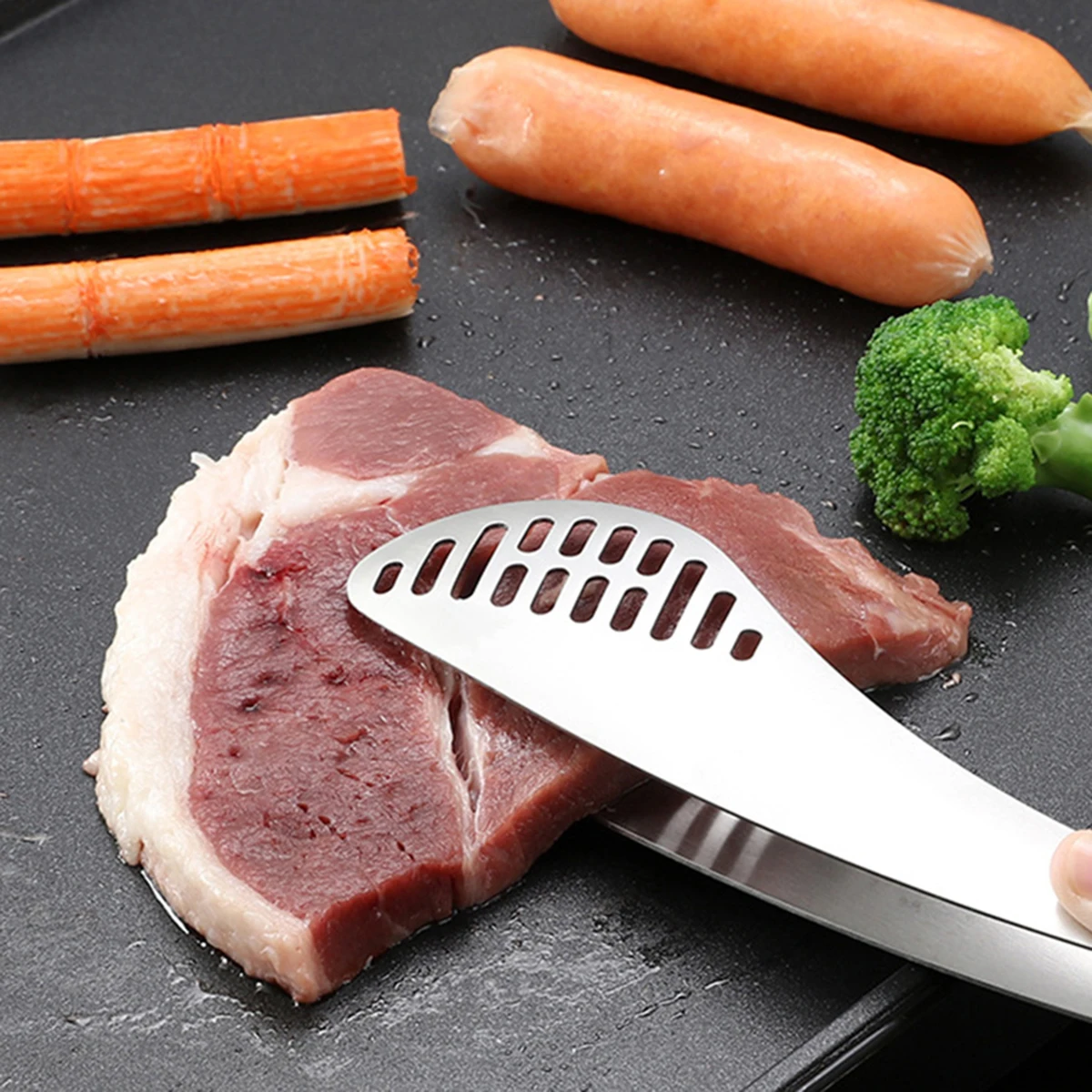 

1 шт. утолщенные термостойкие зажимы для еды из нержавеющей стали, щипцы для барбекю для стейка, салата, пиццы, хлеба, шведского стола, нескользящие, серебряные