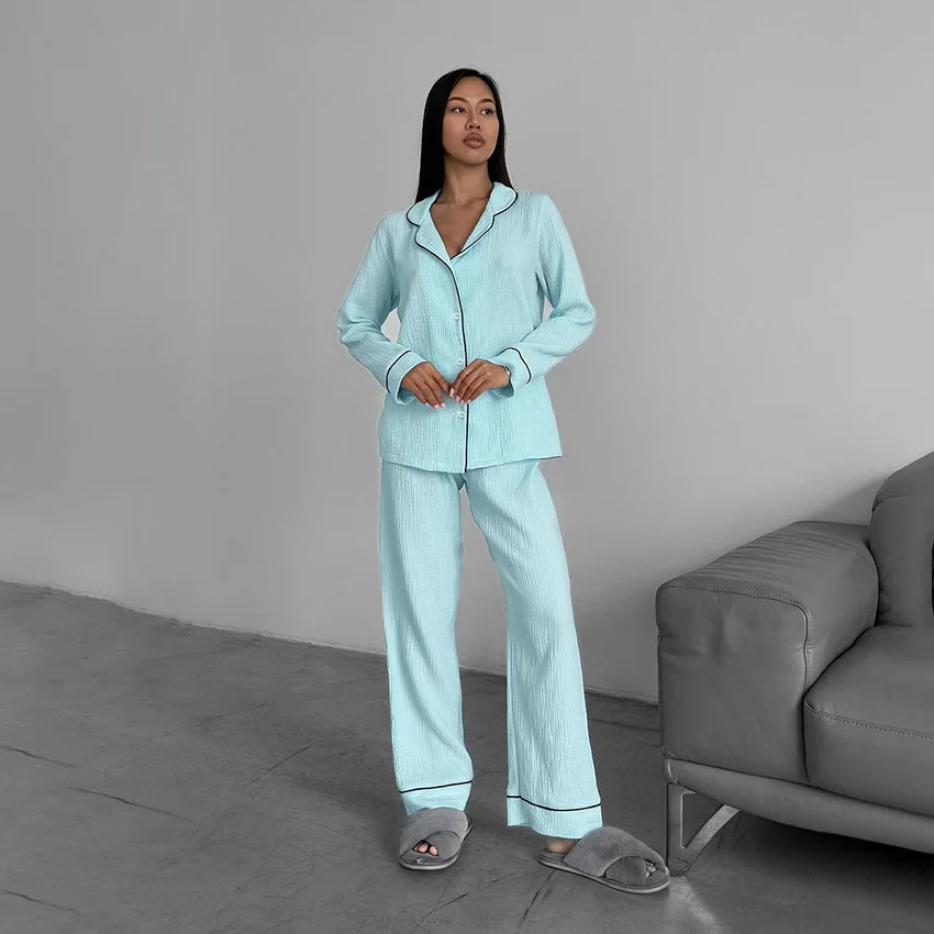 Pajamas Sets Fashion Skin-friendly Comfortable Cotton Breathable Solid Color Long-sleeved Long Pants 2-piece Set for Women