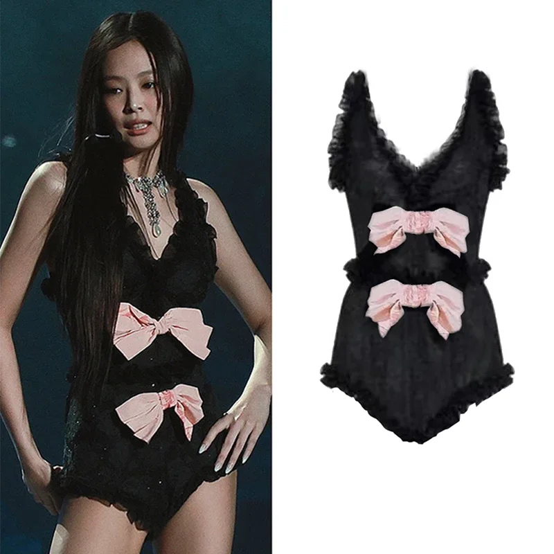 

Korean Kpop Singer Costume Sleeveless Black Ruffled Bodysuit Bow Sexy Concert Y2k Clothes Pole Dance Clothing Rave Wear JL5877