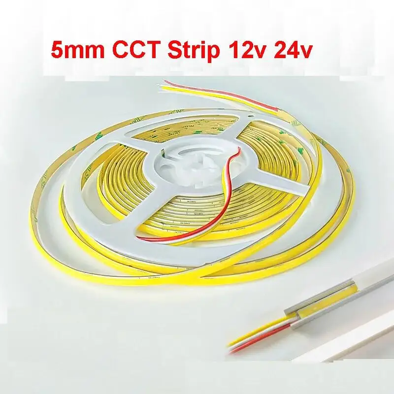 5m Narrow 5mm Dimmable CCT LED Strip Dual Color COB Soft Tape 2700k-6500k Adjustable Three Color Temperature 3000k 4000k 6500k