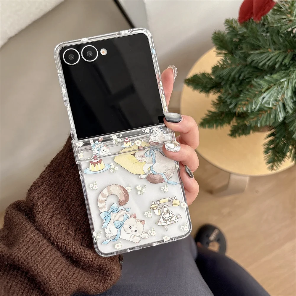 Sweet Cute Cartoon White Cat and Cake Printed Phone Case for Samsung Galaxy Z Flip 7-3 Crystal Heart Bead Strap Protective Cover