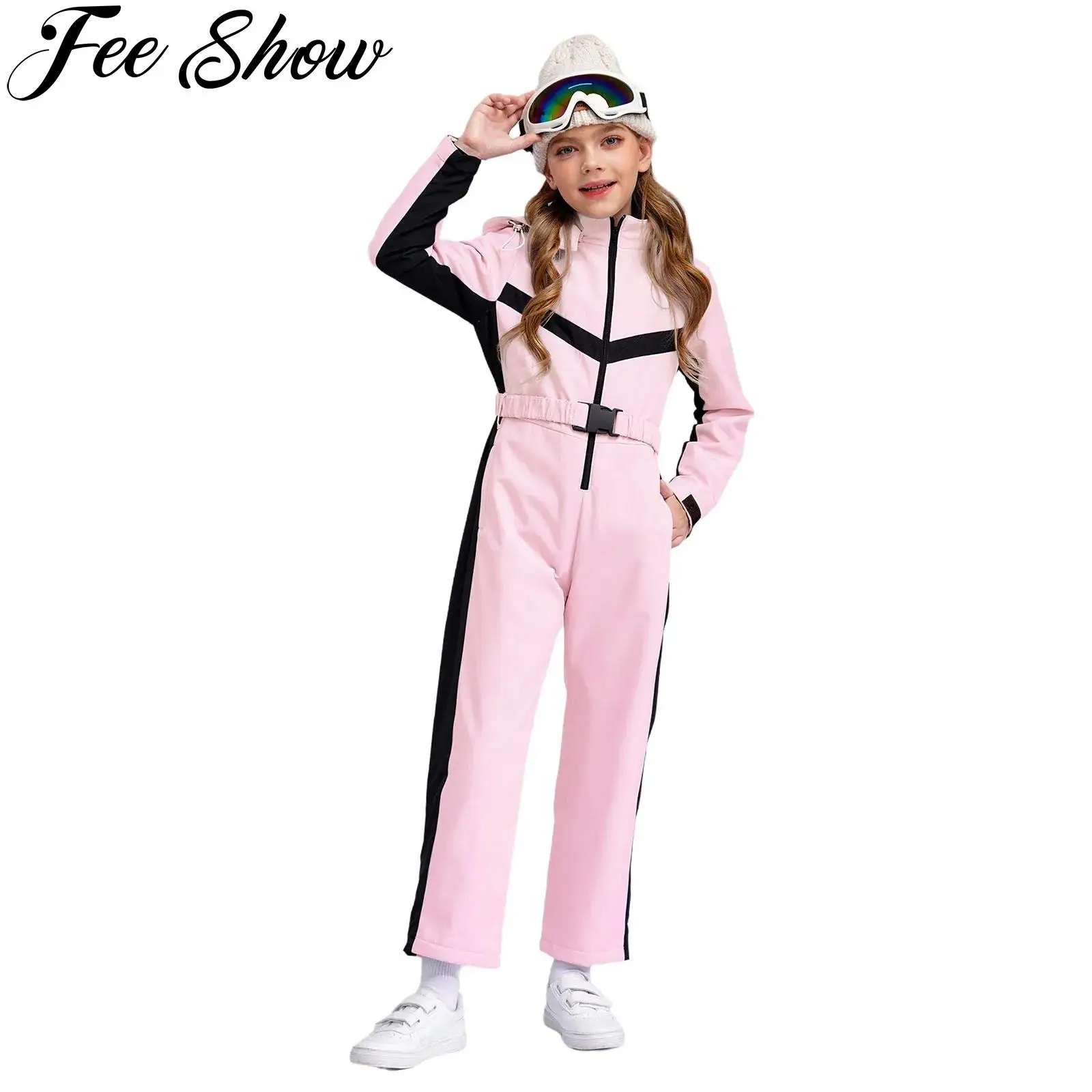 Kids Girls Ski Suits Waterproof Snowsuit Removable Hooded Skiing Jumpsuit with Belt Outdoor Snow Sports Snowboard Coveralls