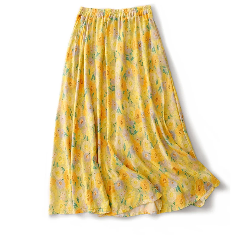 Women's Summer Floral Printed Yellow Midi Skirt Elastic High Waist Vintage Cotton Linen A-line Skirt Elegant Ladies