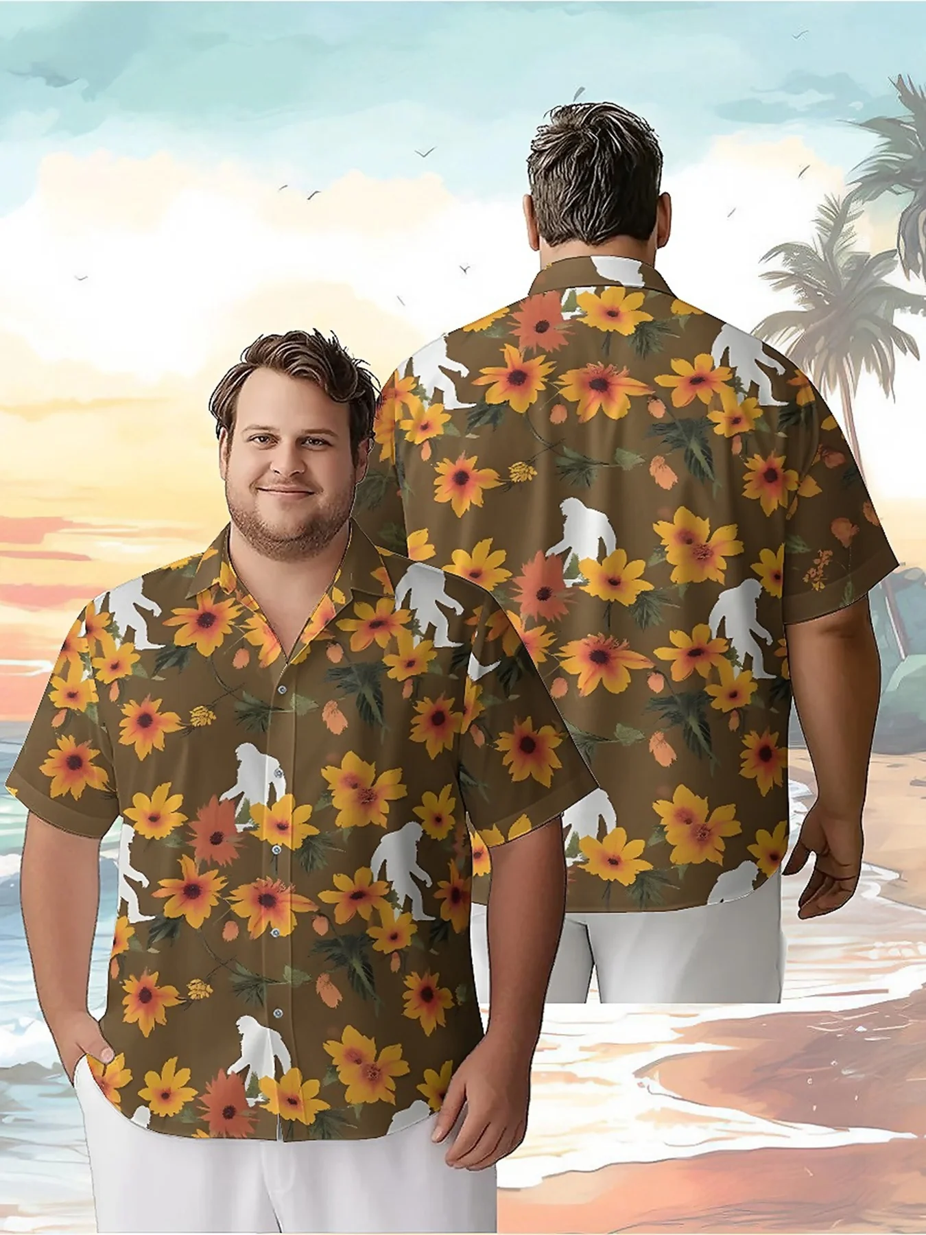 

Men's Plus Size Hawaiian ShirtsSasquatch and Floralspattern, Button Up Shirts, Unisex Casual Clothing, Summer Tops