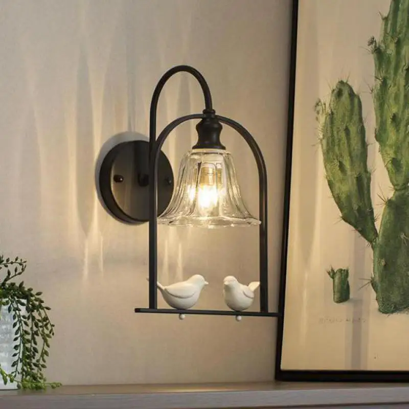 Nordic Bird Cage LED Wall Sconce Indoor Light for Bedside Hallway Guest Room Loft Porch Lighting with Glass Lampshade