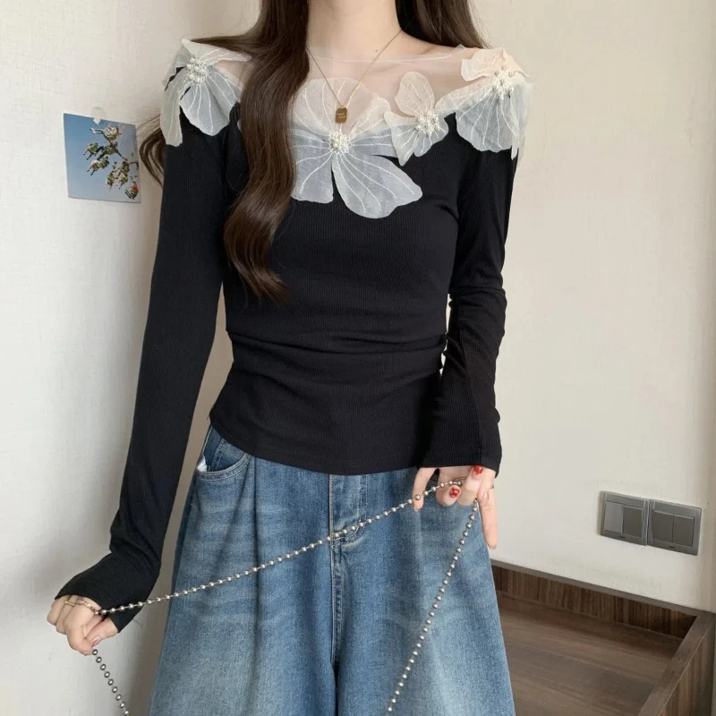 Sexy Patchwork Slim T Shirts Spring Autumn New Long Sleeve Off Shoulder Solid Temperament Tops High Street Fashion Women Clothes