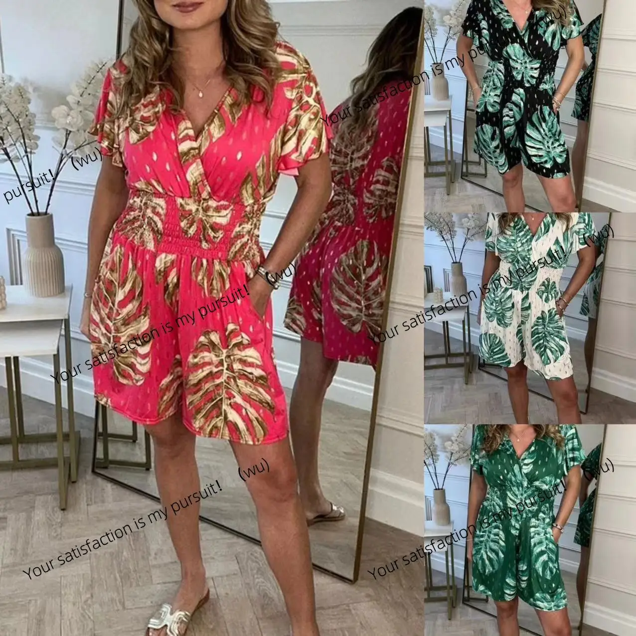 

Комбинезон с v-образным вырезом и принтом, женский, с коротким рукавом, на талии и карманом, женский