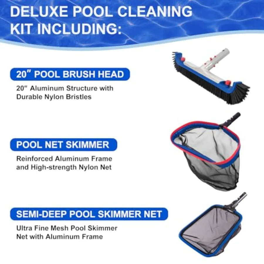 Deluxe Swimming Pool Cleaning Kit Including 20'' Pool Brush Head and Heavy Duty Pool Nets for Cleaning 17.5''Pool Net Skimmer a