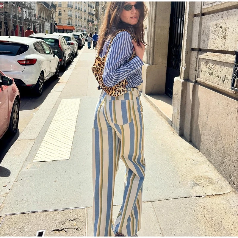 Fashion Women's Striped Pants Button Zipper Double Pockets Straight Straight Leg Trousers 2026 Spring Summer Casual Lady Pant