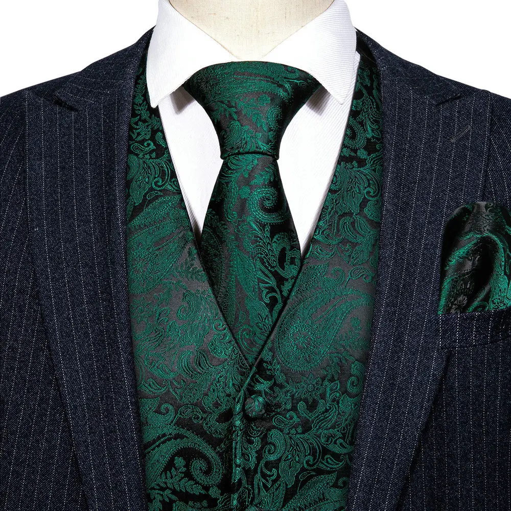 Verde floral colete de seda masculino terno fino colete paisley gravata lenço abotoaduras gravata colete negócios barry. wang design