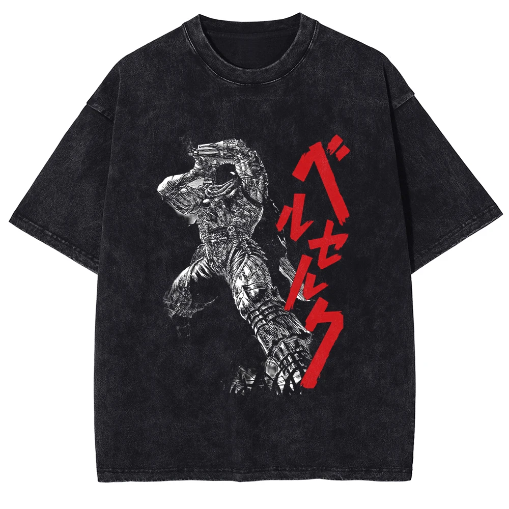 Men's Washed T Shirt Berserk Anime T-shirt Guts Skull Knight Graphic Print TShirt Cotton Short Sleeve Unisex Streetwear 2024