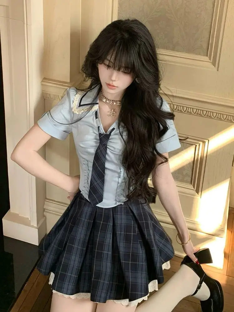 Summer New Preppy Y2K 2 Piece Set Women Slim Fit Lace Trim Tie Detail Plaid Shirt High Waist Pleated Skirt Daily Casual Outfit view 3