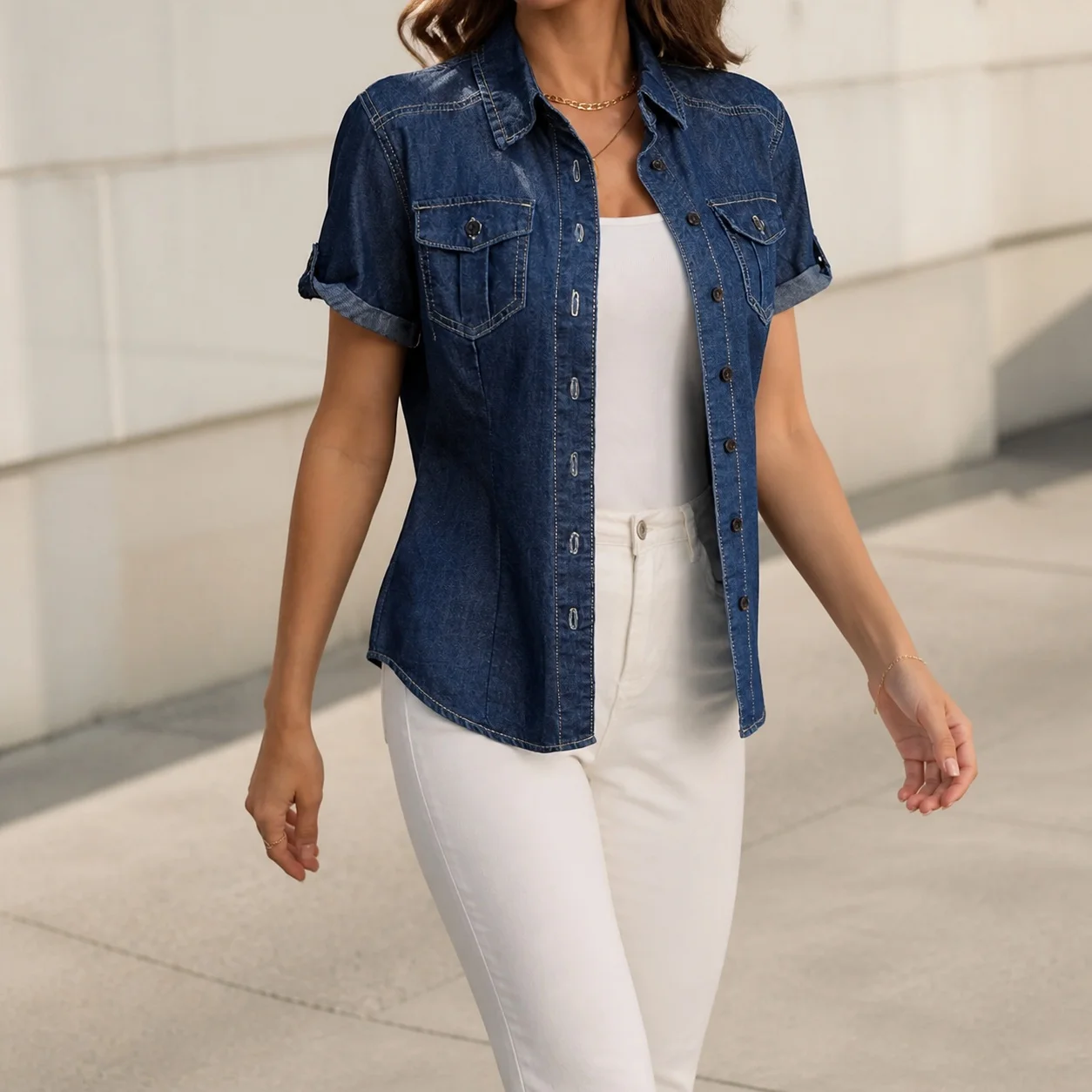 Women's Loose Fit Round Neck Short Sleeve Button Front Woven Geometric Pattern Denim Shirt Tops For Women Woman Clothing