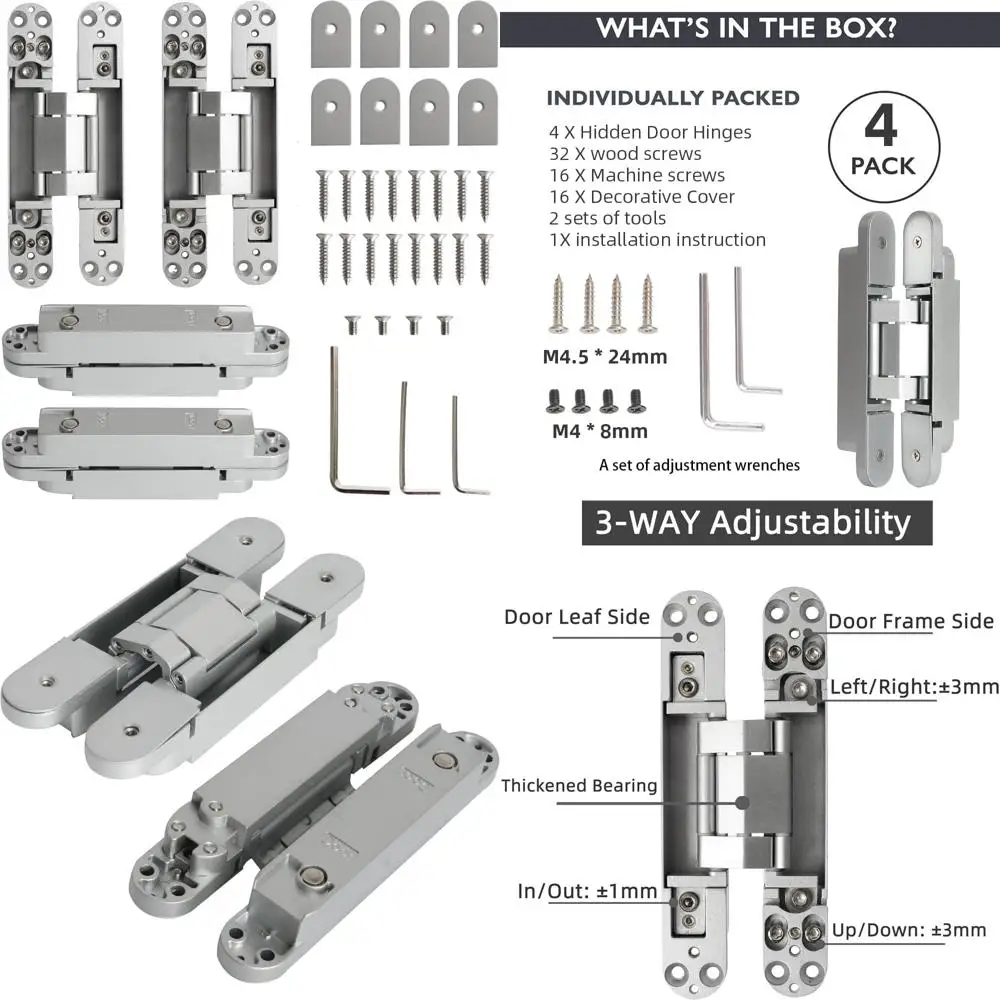 

Сверхмощные 7-дюймовые серебряные скрытые дверные петли, невидимые на 180 градусов, 3-сторонняя регулировка, цинковый сплав, скрытая дверная фурнитура для секса