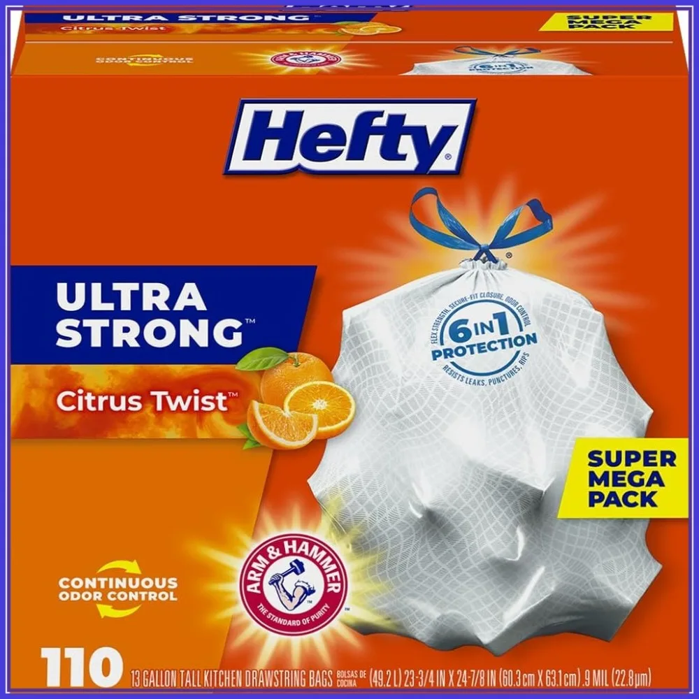 

13 Gallon Tall Kitchen Trash Bags, Drawstring Closure, Odor Control, Citrus Scent, 110 Count