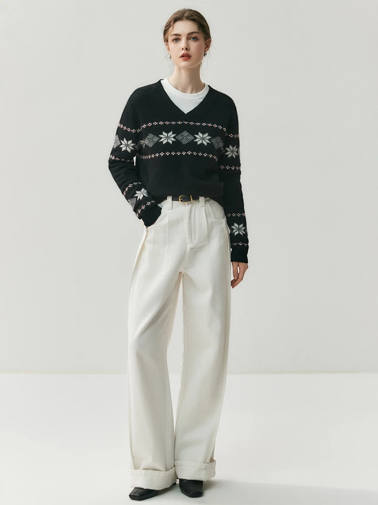 

CHICUU Autumn Winter Women V-neck Snowflake Jacquard Pullover 100% Cashmere Sweater Soft Warm Long Sleeve Cashmere Knitwear Tops