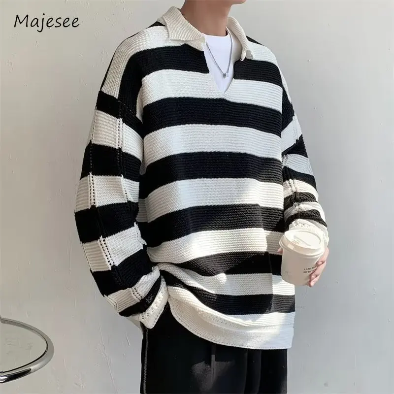 

Striped Sweaters Men Slouchy Simple Popular Korean Style V-neck Panelled Cozy Spring Autumn Male Prevalent Pullovers Temperament