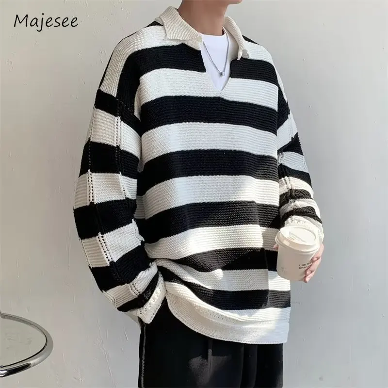 Striped Sweaters Men Slouchy Simple Popular Korean Style V-neck Panelled Cozy Spring Autumn Male Prevalent Pullovers Temperament