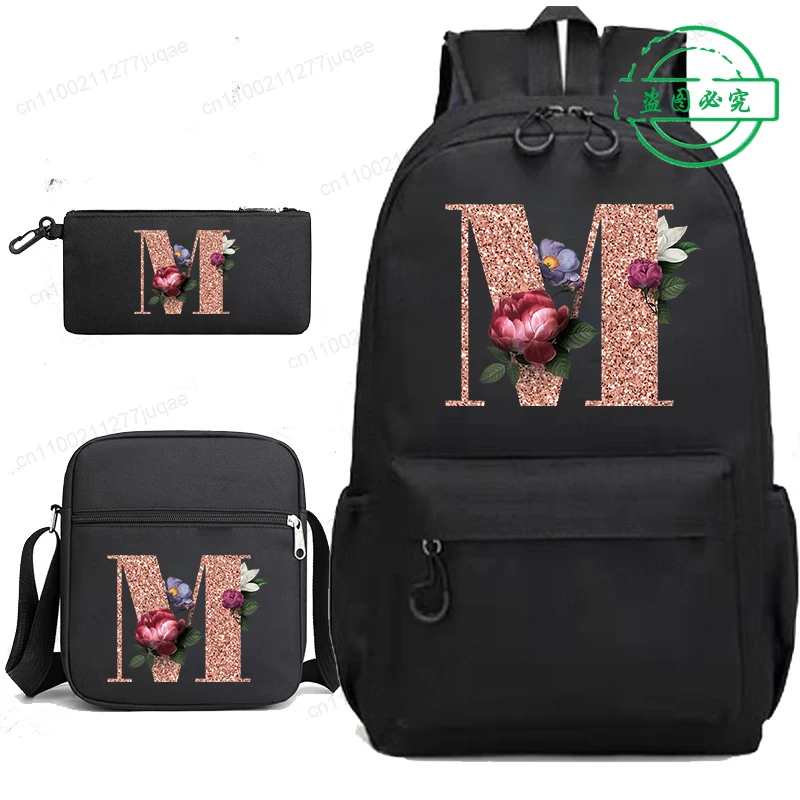 

Cute Rose Gold Letter A~Z Girl Boys School Bag Back To School Backpack Black Back Pack for Teenager Shoulder Lunch Bags 3pcs/set