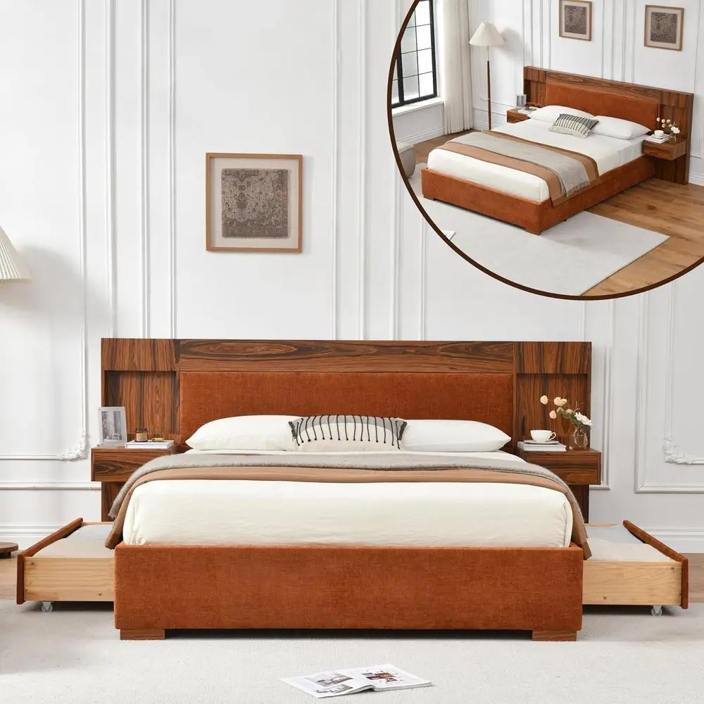 

Queen Size Wood Bed with Integrated Nightstands, Linen Platform Bed with 2 Drawers, Natural Wood Finish, Upholstered Storage Hea