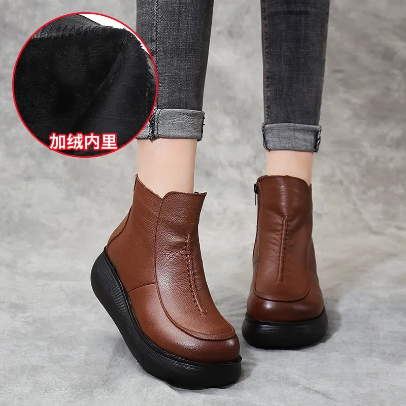 2024 New Genuine Leather Winter Boots for Women Flat Shoes Ladies Snow Boots Womens Flat Keep Warm Platform Work Shoes