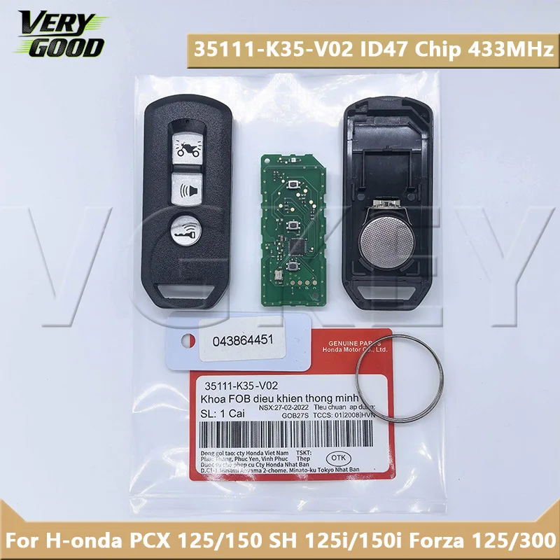 

VG 35111-K35-V02 Motorcycle Remote Key ID47 Chip 433MHz For Honda PCX 125/150 SH 125i/150i Forza 125/300 Vision 110 2015-2019