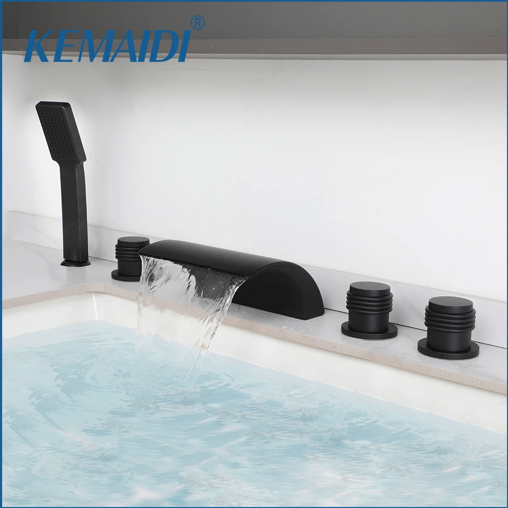 KEMAIDI Black Waterfall BathroomShower Set Bathtub Tub Shower Faucet Three Handles with Handheld Tub Mixer Tap Brass Faucets