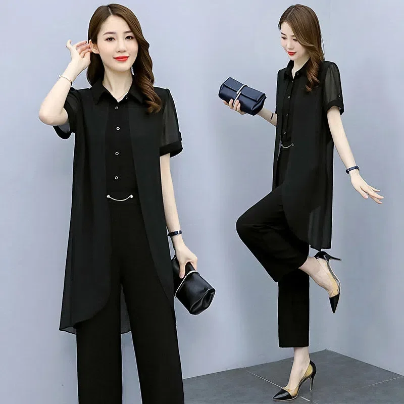 High Quality Suit 2022 Summer Sets New Loose Large Women's Temperament Two-Piece Set Fat MM Wide Leg Pants Long Shirt