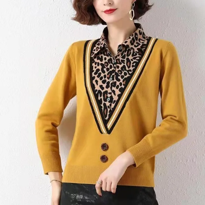 

Autumn and Winter Women's Splice V-Neck Long Sleeve Fake Two Pieces Leopard Knitted Button Fashion Casual Office Lady Tops
