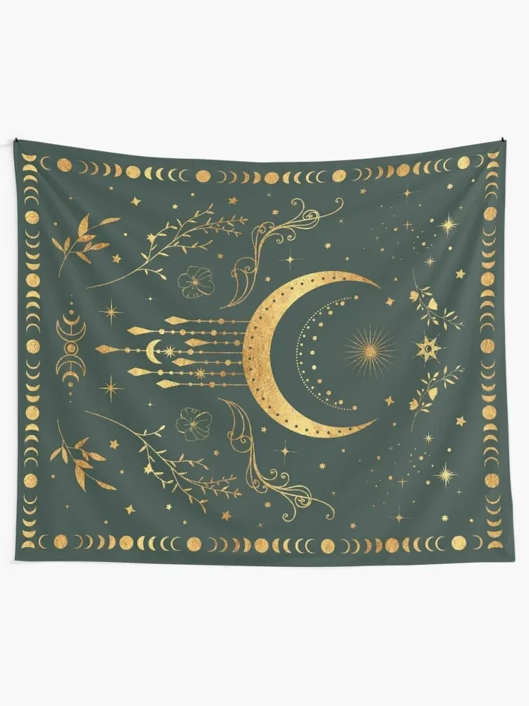 Sage green and gold Celestial crescent moon with floral accents and moon phase tie dye Tapestry Wall Hanging Wall Tapestry