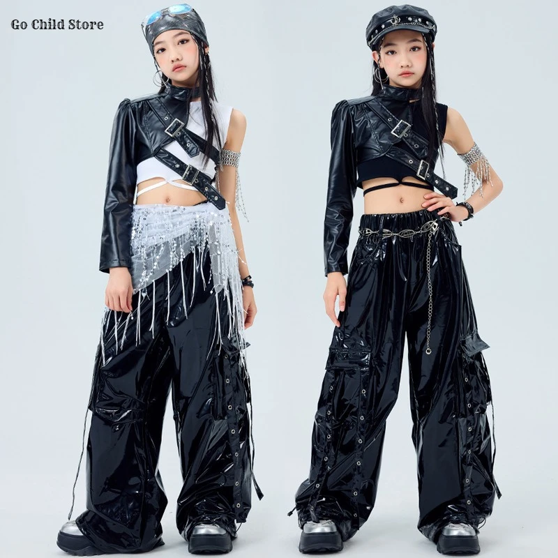 

Girls Hip Hop Crop Top Cuff Cargo Pants Clothes Set Children K-pop PU Leather Street Dance Costume Kids Girl Group Streetwear