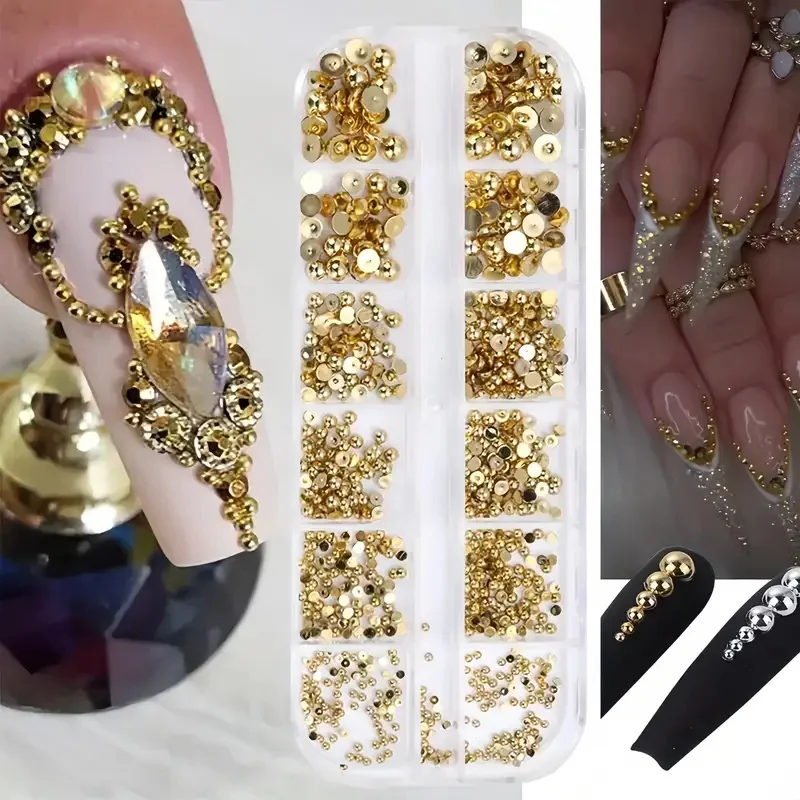 12グリッド3DパンクスタイルパールセミボールネイルアートデコレーションシルバーゴールドミックスサイズジュエリーネイルアクセサリーシャイニーDIYネイルジュエリー