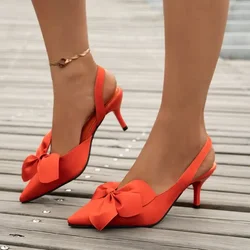 New Women's Shoes Pointy Light Mouth Orange Shoes Bow with Fashion Sexy Solid Color Banquet Fashion High Heels Bow Decoration