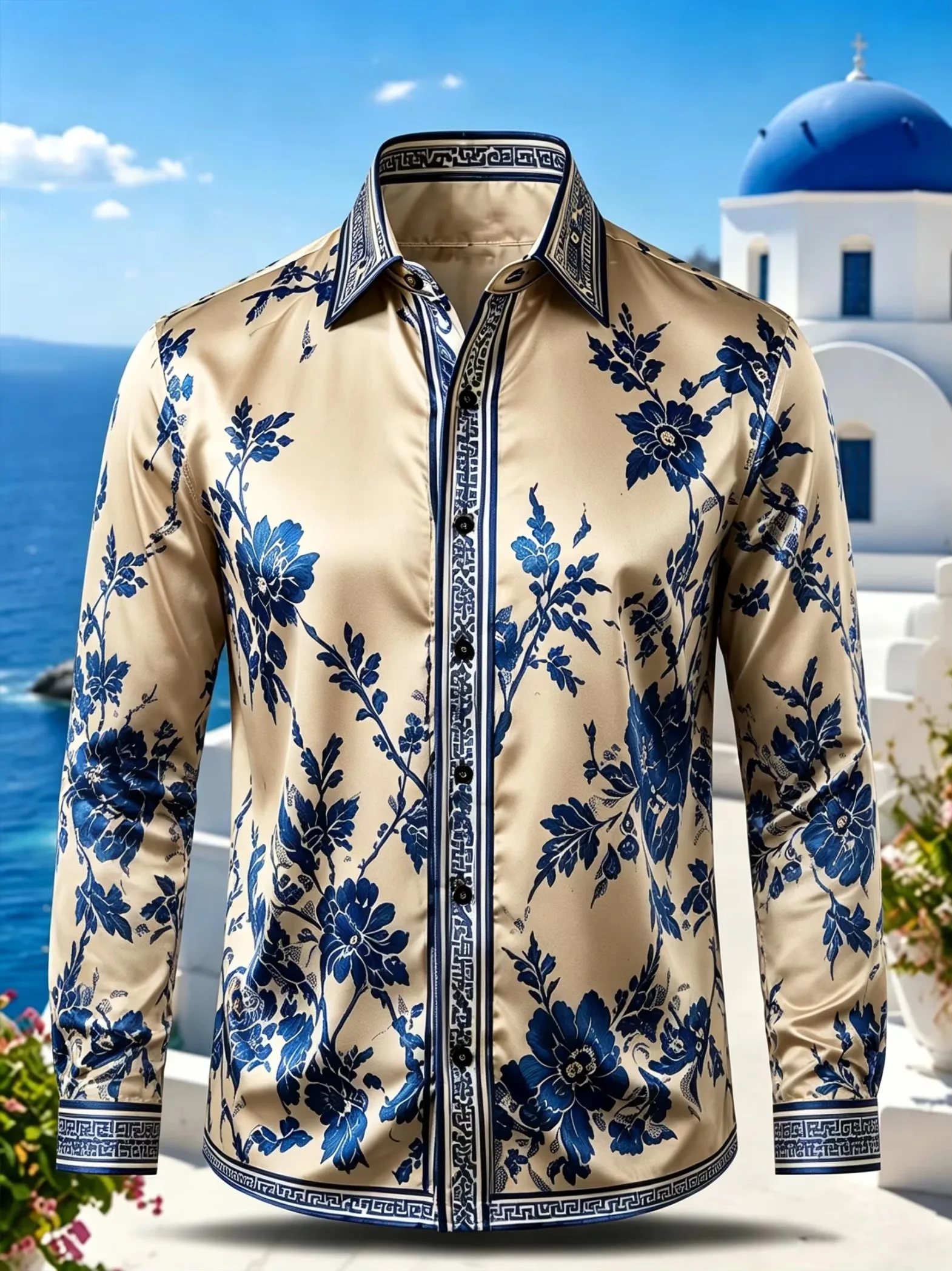 2026 New Men’s Autumn Fashion Long-Sleeve Shirt Vintage Floral Print Collared Button-Down Loose Fit Business-Casual Formal Top